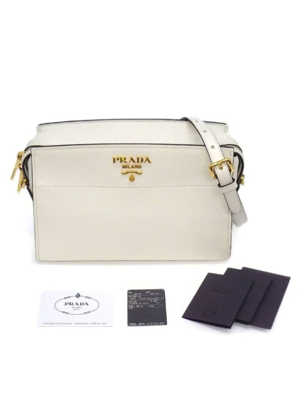 Prada Shoulder Bag Bandoliera Square Cross White Saffiano Leather Gold